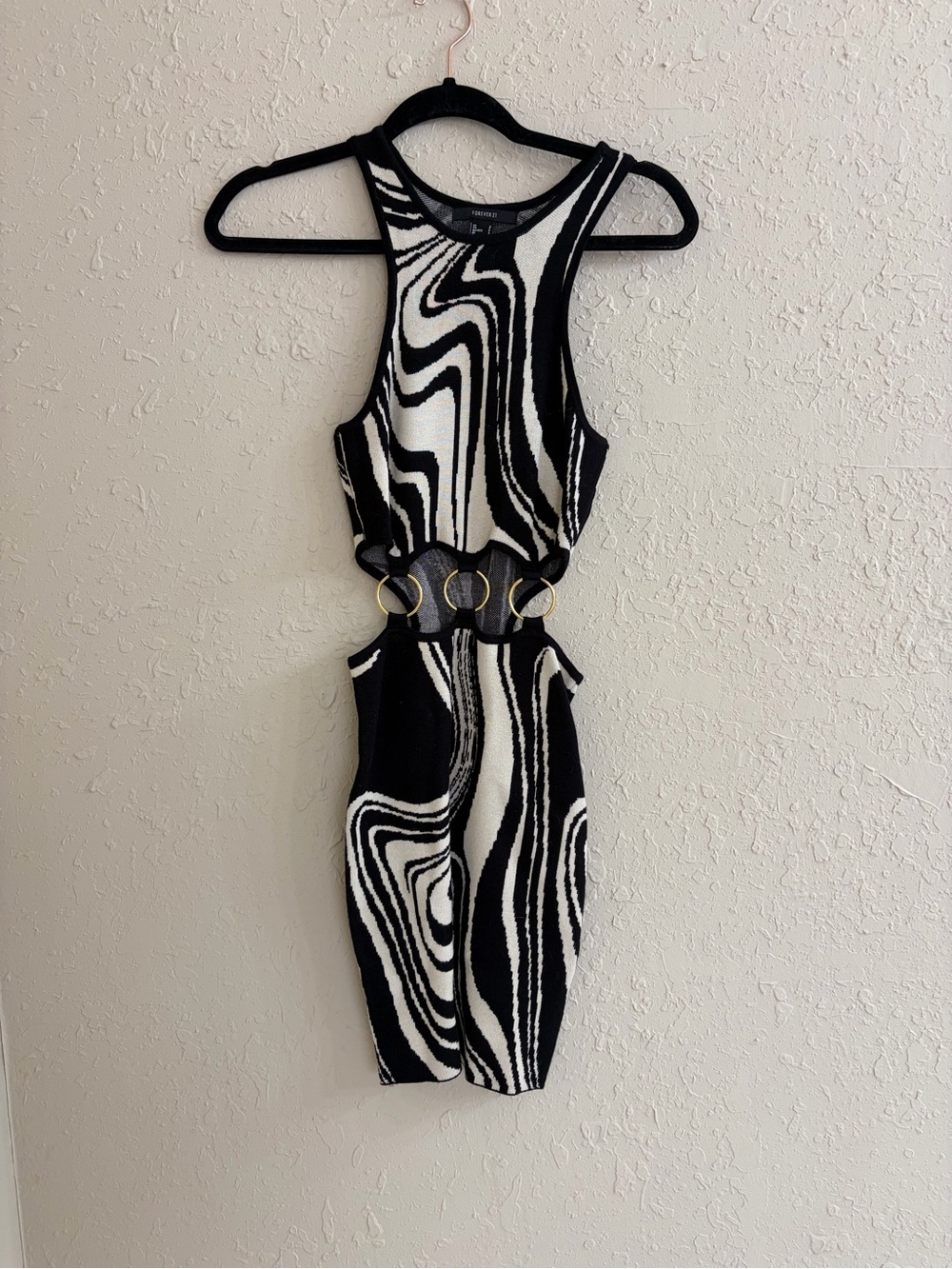 Forever 21 Black & White Swirl Cutout Mini Dress with Gold Rings